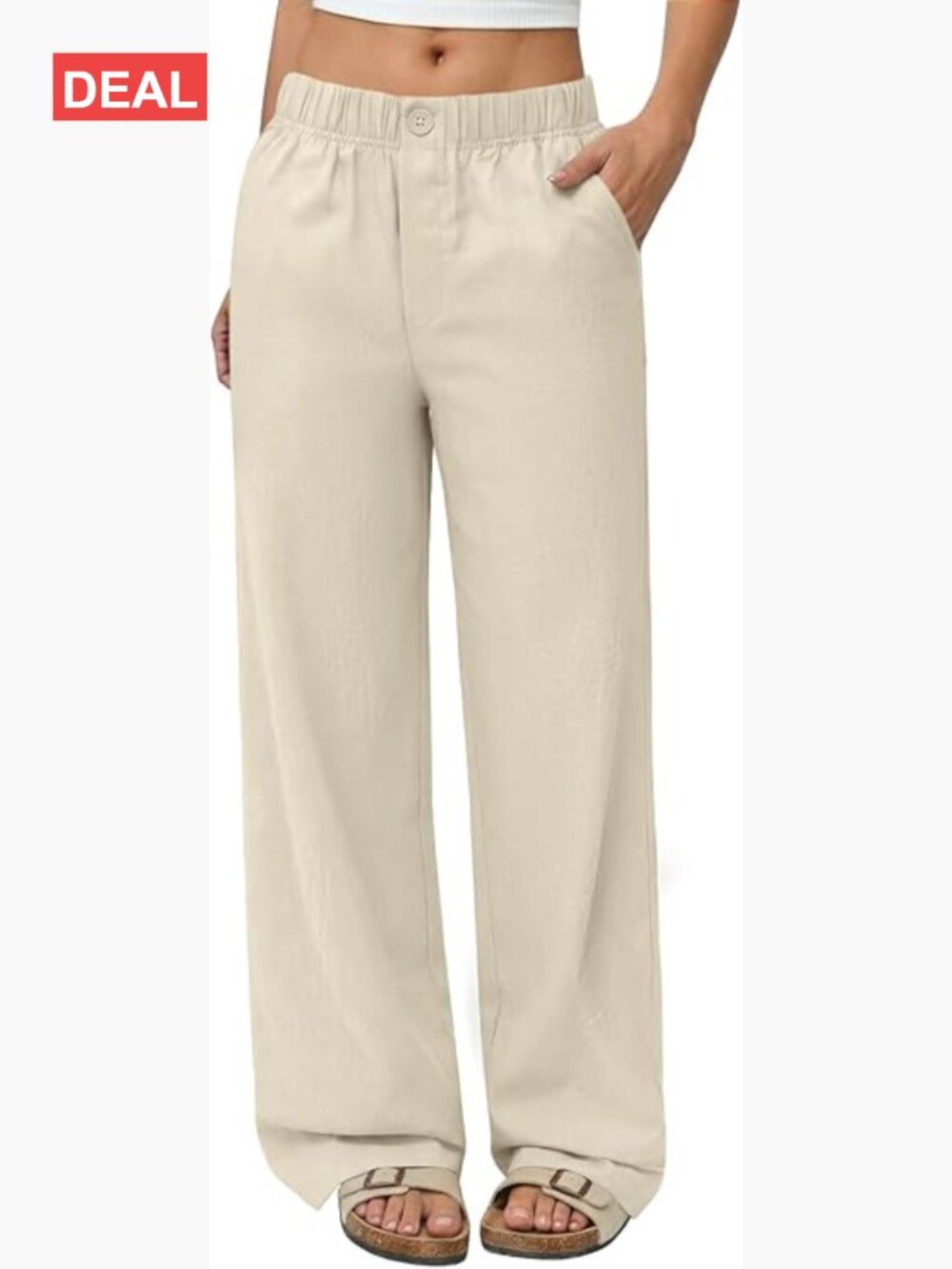 Wide Leg Linen Pants with Pockets Elastic Waist Flowy Palazzo Casual Trousers